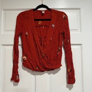Mossimo Supply Co. Rust Red Floral Embroidered Wrap Blouse